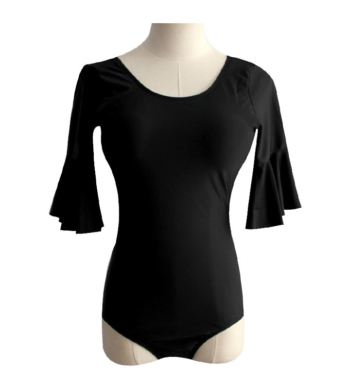 front of 3/4 sleeve leotard with decorative sleeve