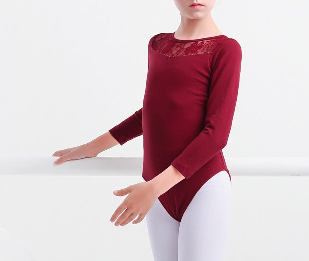 girls red long sleeve lace leotard with keyhole back