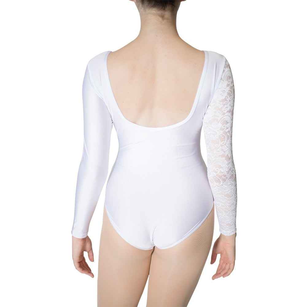 back of woman wearing white lace leotard