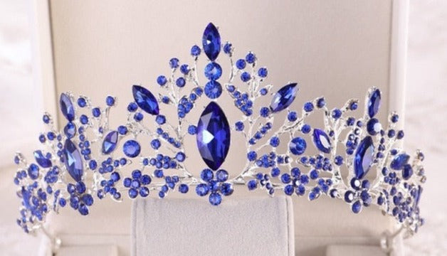 front of silver and sapphire blue crystal tiara