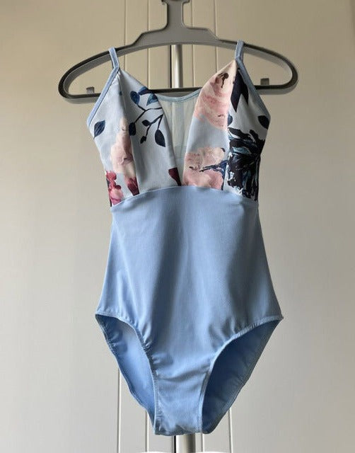 front of blue and floral camisole leotard