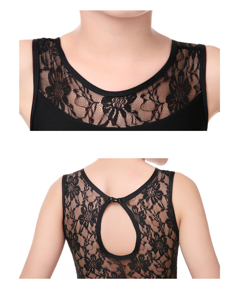 girls black lace tank leotard with keyhole back