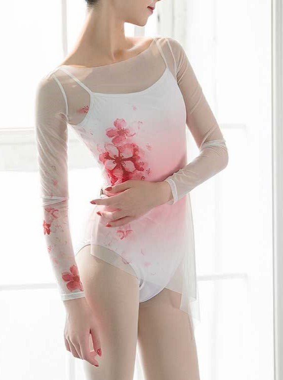 floral camisole leotard with long sleeve mesh overlay