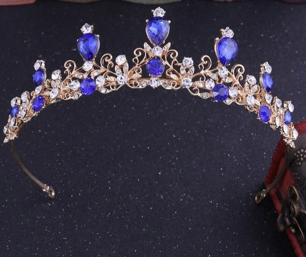 front of sapphire blue tiara with rhinestones and crystals YAGP
