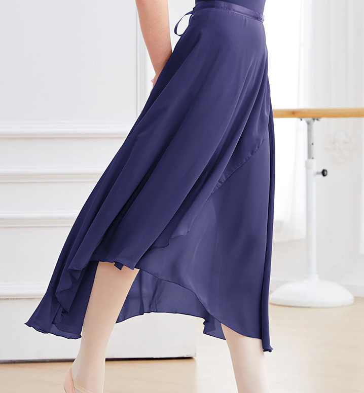 woman wearing long navy chiffon ballet skirt