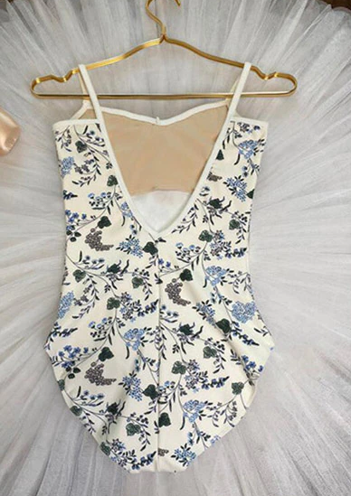 back of blue floral camisole leotard