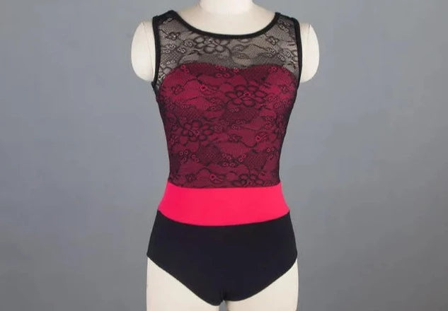 Hot pink tank leotard with black lace overlay on a mannequin