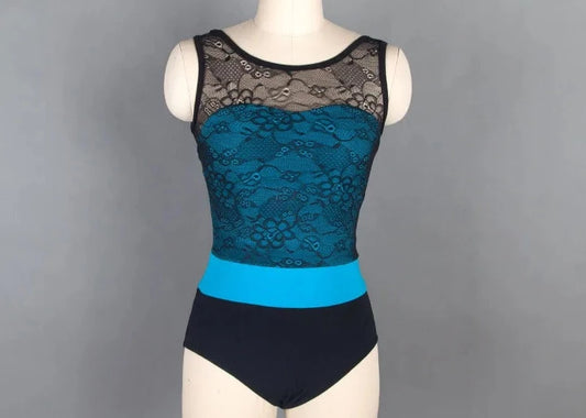 turquoise tank leotard with black lace overlay on a mannequin