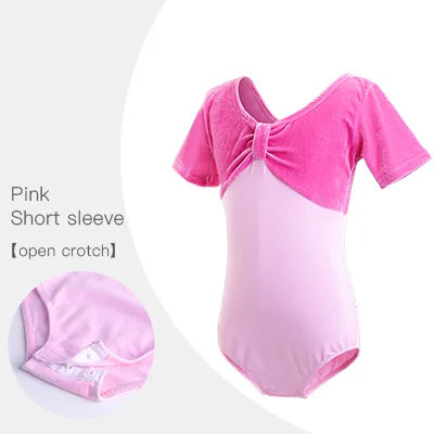pink pinched front short sleeve velvet girl's bodysuit leotard