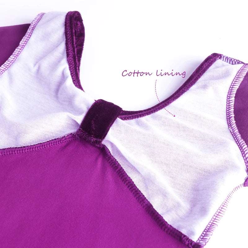 inside of purple pinched front short sleeve velvet girl's bodysuit leotard