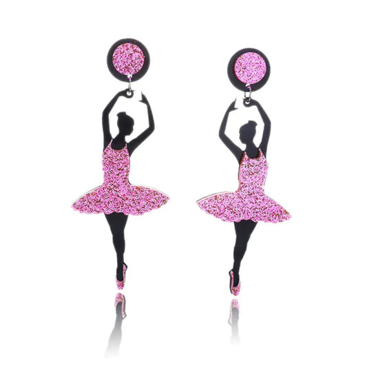 orecchini pendenti a forma di ballerina in acrilico rosa e nero