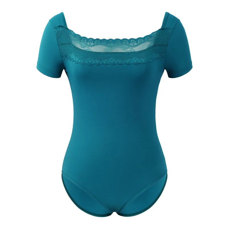 turquoise short sleeve leotard with lace neckline