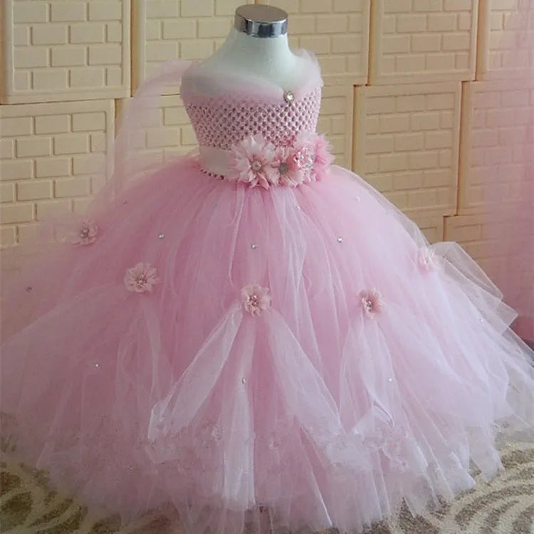Vestido princesa menina rosa claro com cinto floral