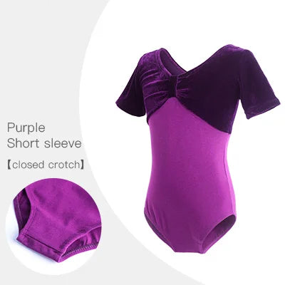 plum pinched front short sleeve velvet girl's bodysuit leotard