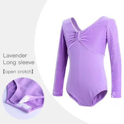 lavender pinched front  long sleeve velvet girl's bodysuit leotard