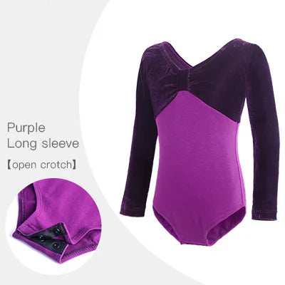 purple pinced front  long sleeve velvet girl's bodysuit leotard