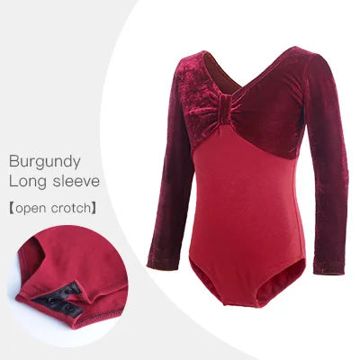 maroon pinched front long sleeve velvet girl's bodysuit leotard