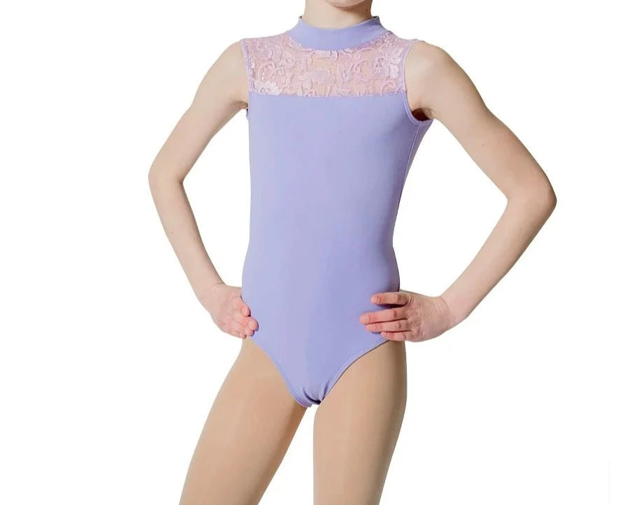 girl wearing lavender lace leotard