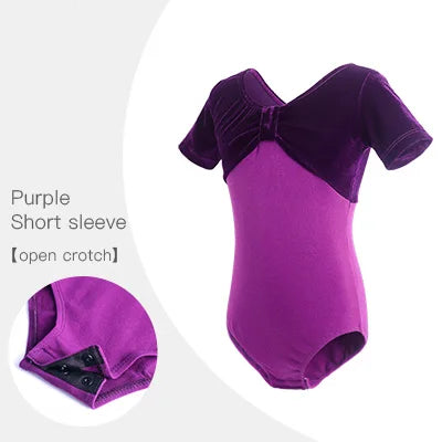 purple pinched front  short sleeve velvet girl's bodysuit leotard