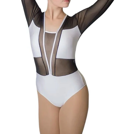 The Lavanya Leotard long sleeve black and white with v front