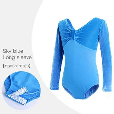 sky blue pinched front  long sleeve velvet girl's bodysuit leotard