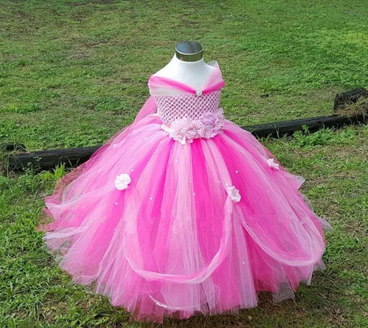 Girls hot pink princess dress with floral belt