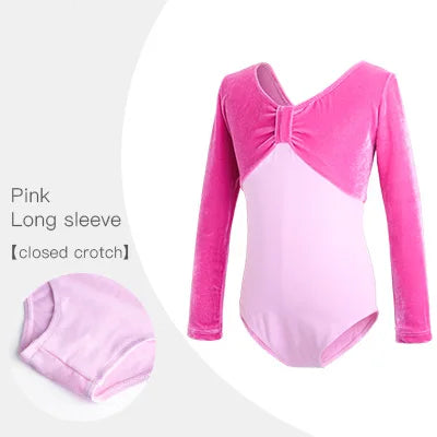 pink pinched front long sleeve velvet girl's bodysuit leotard