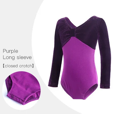 purple pinched front  long sleeve velvet girl's bodysuit leotard