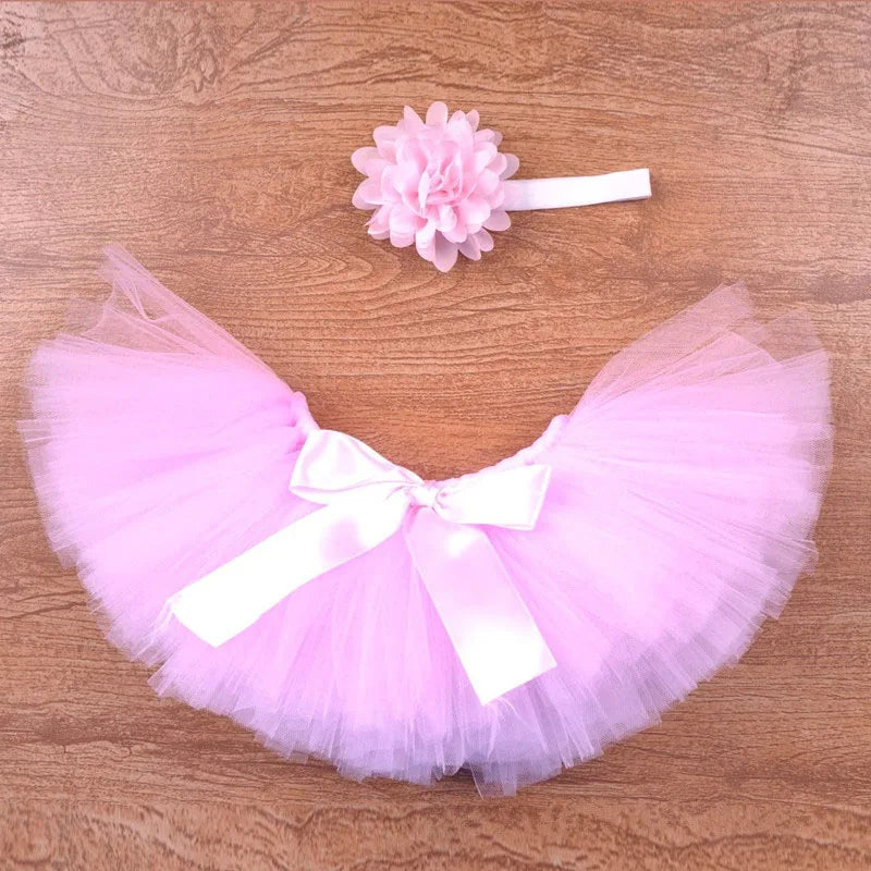 Tutú de ballet para bebé rosa con diadema de flores