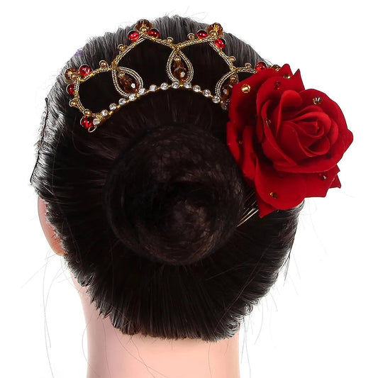 back of mannequin wearing a rose and crystal ballet headpiece