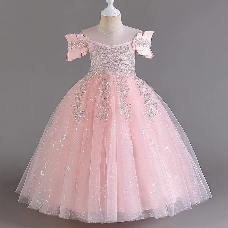 front of pink sequined floor length princess dress