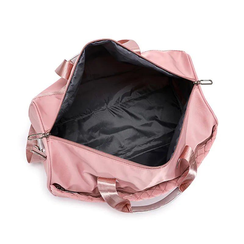 inside of quilted pink dance bag sports bag