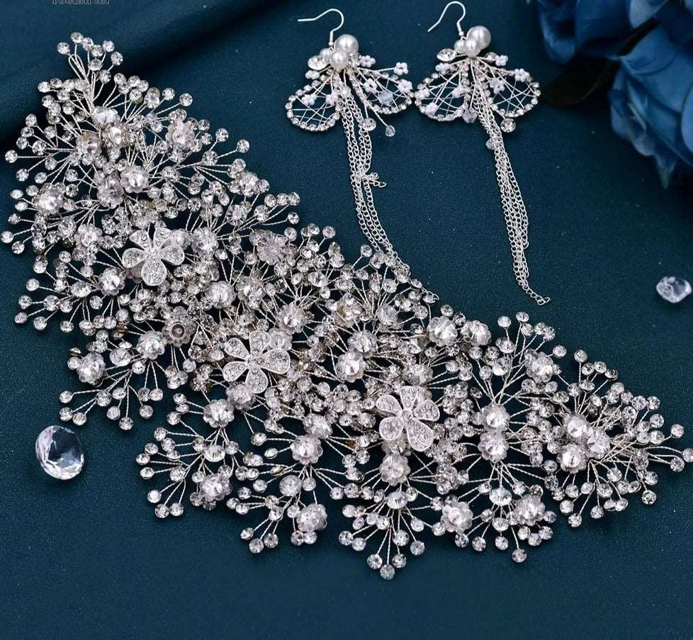 Kristall-Braut- und YAGP-Ballerina-Kopfschmuck mit Kristallblumen und passenden Ohrringen