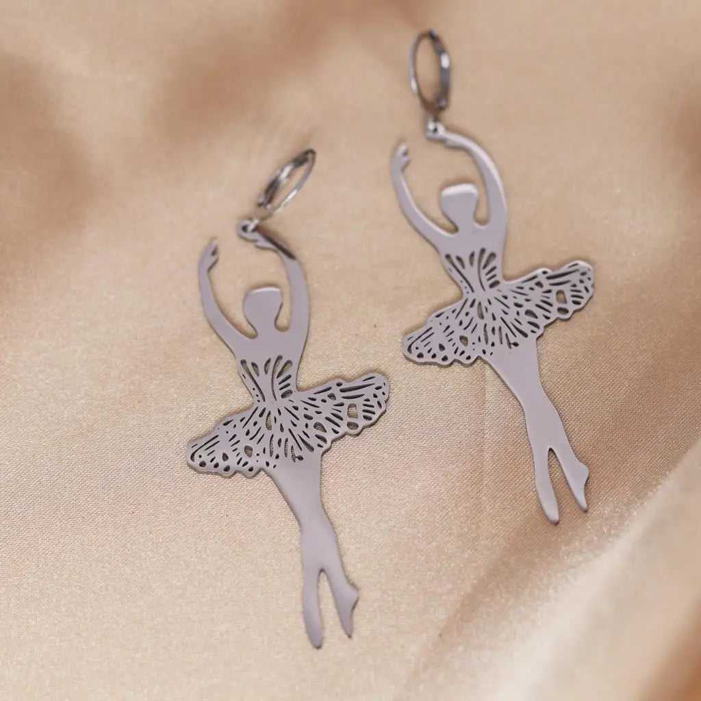 a pair of stainless steel ballerina earrings