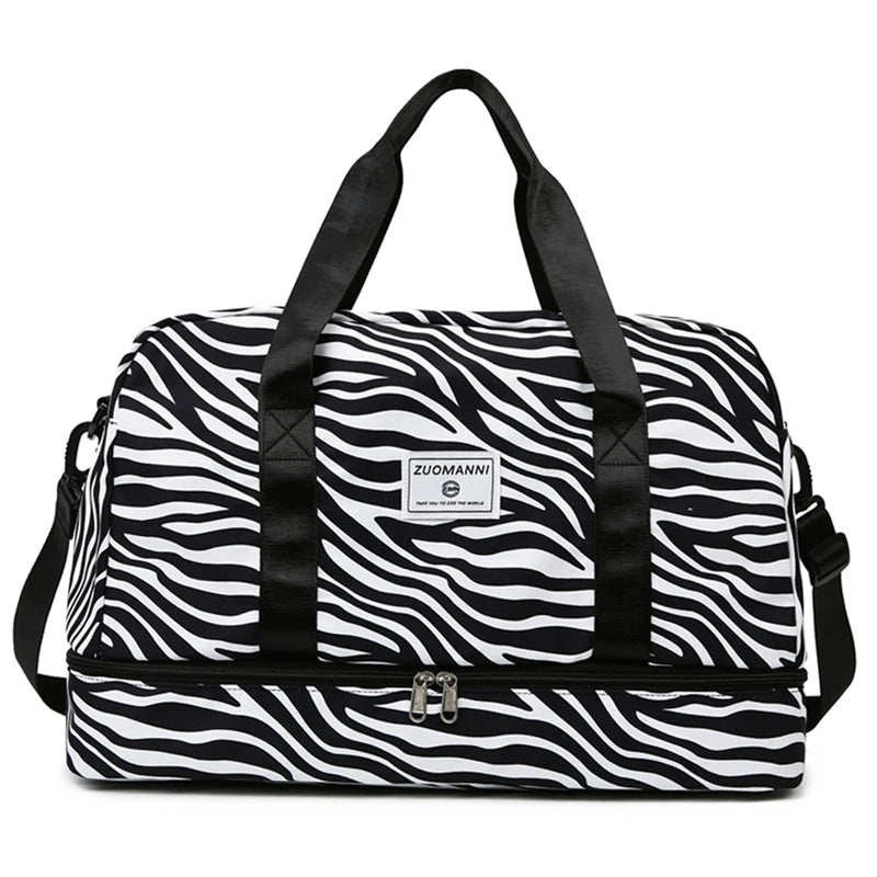front of zebra patterned dance bag sports bag