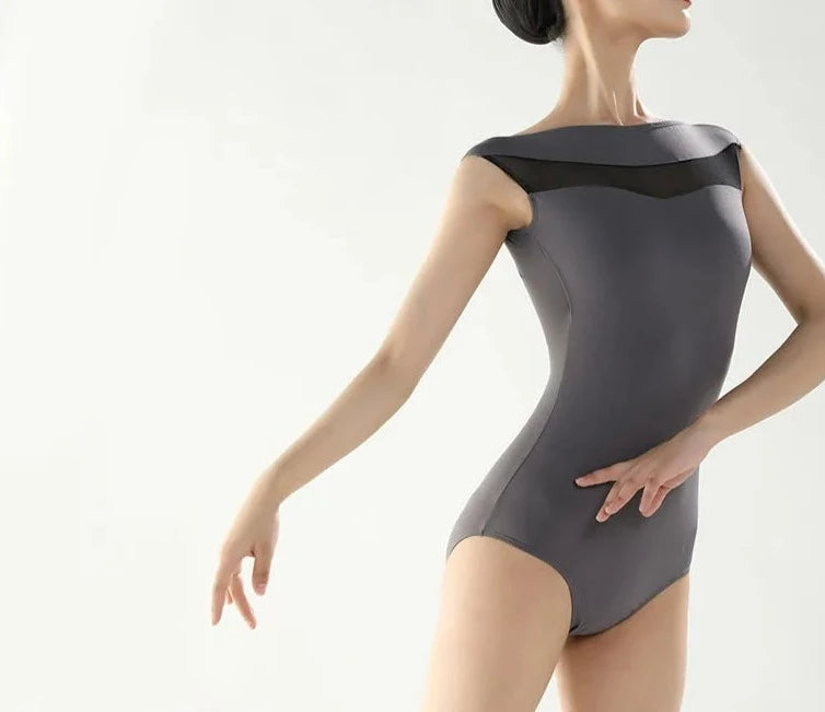 front of black boat neck leotard with mesh front