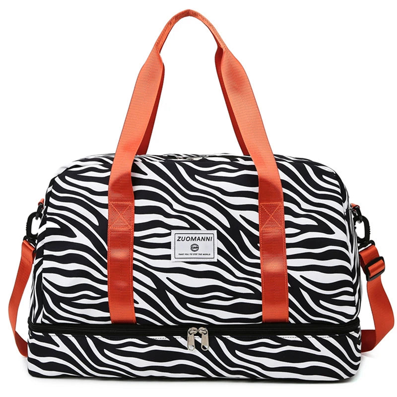 front of zebra patterned dance bag sports bag