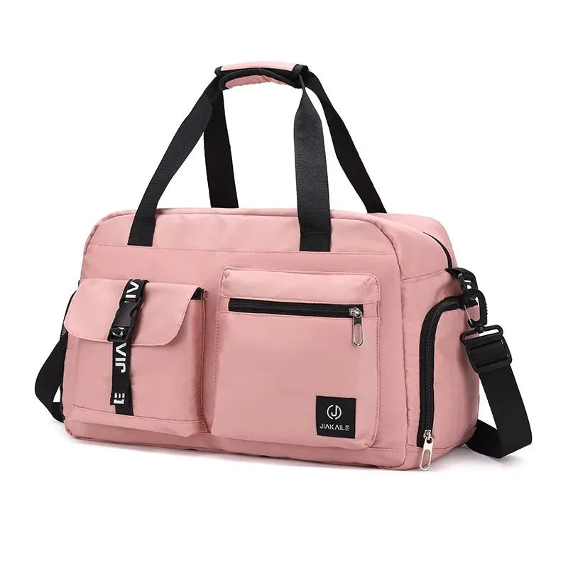 Vorderseite der rosafarbenen Tanztasche, Sporttasche mit Seitentaschen