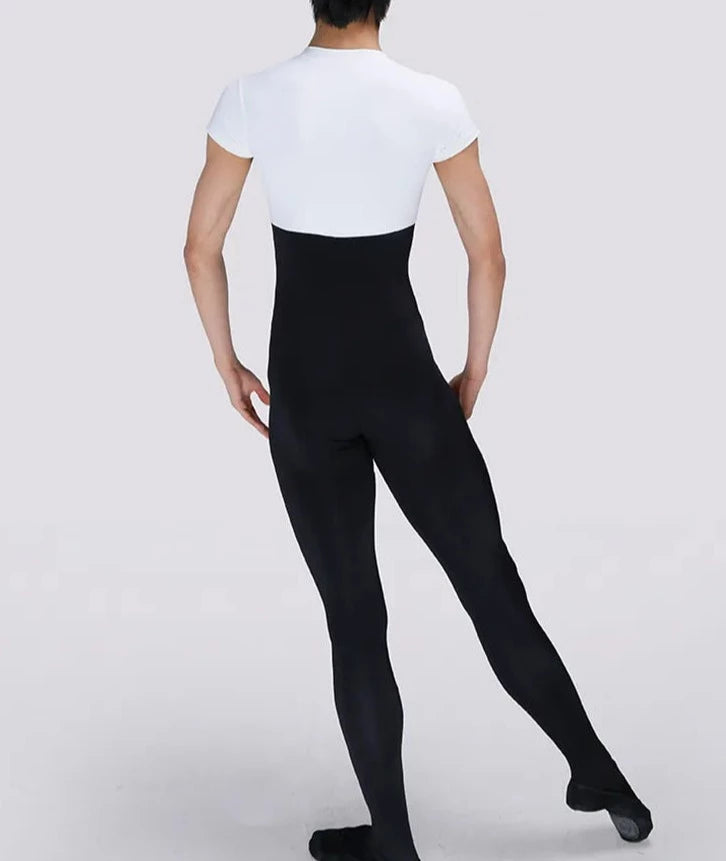 back of male ballet dancer wearing a one piece black and white unitard