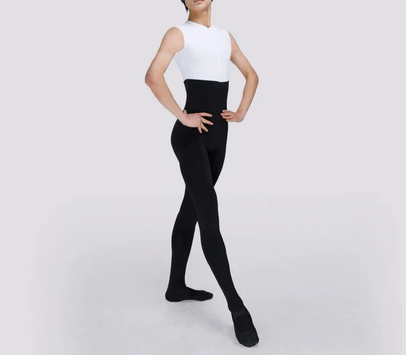 front of male ballet dancer wearing black and white unitard