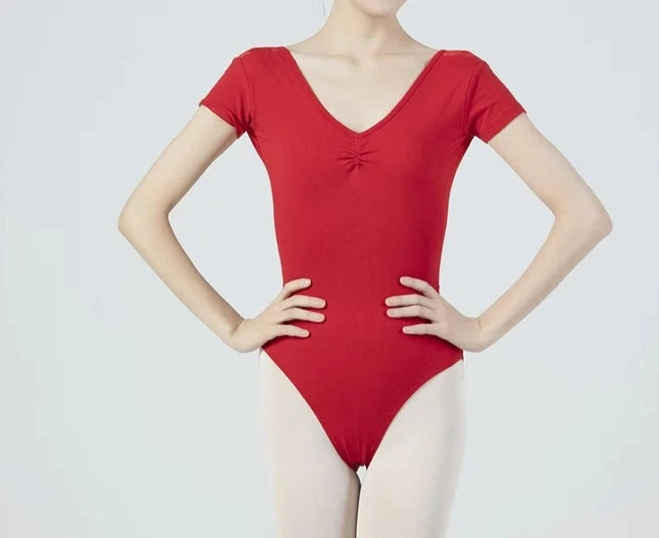 red short sleeved lace leotard