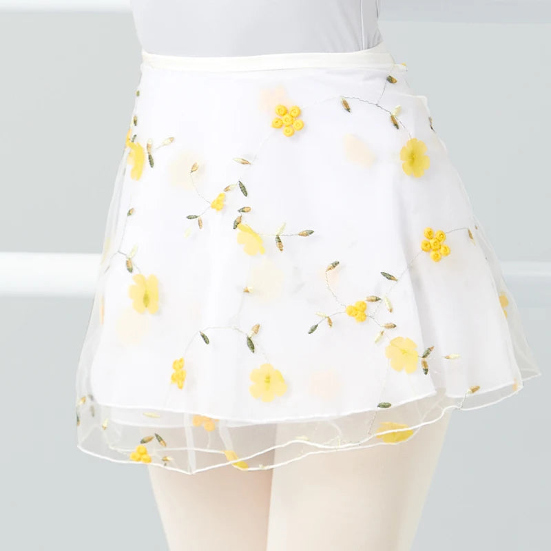 White ballet skirt with embroidered yellow flowers