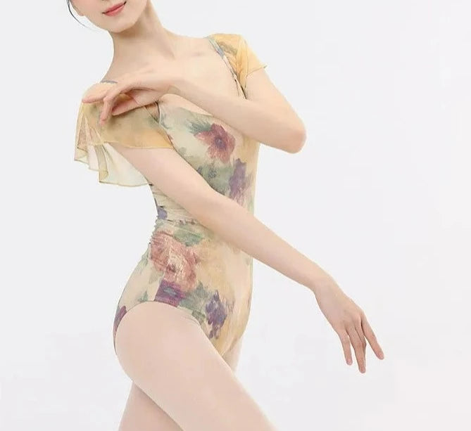 floral oil paint leotard with flutter sleeves