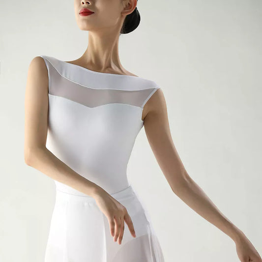White boat neck ballet leotard with mesh front