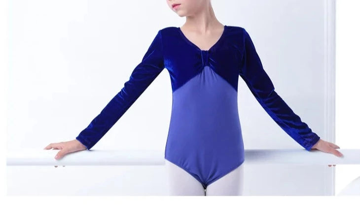 royal blue pinched front long sleeve velvet girl's bodysuit leotard