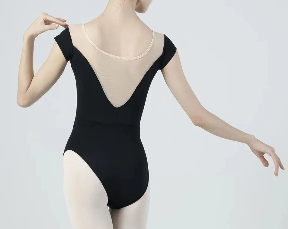 back of ballet dancer wearing  a black short sleeve leotard