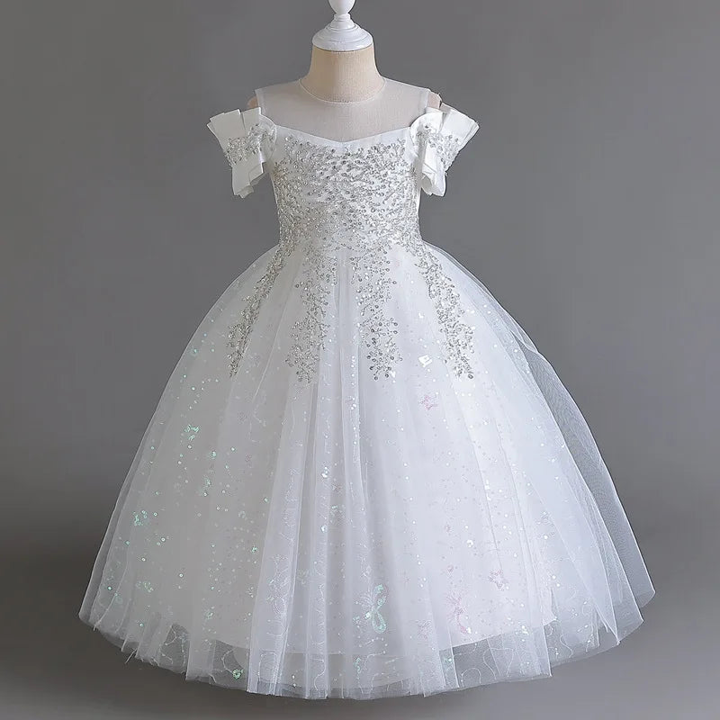 Белое платье принцессы для девочки с блестками и белой накладкой