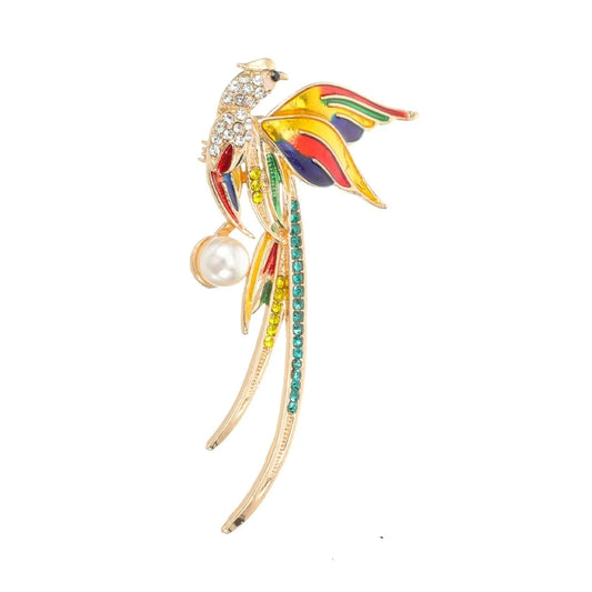 Parte anteriore della spilla Firebird con strass e perle finte e spilla per borsa da ballo
