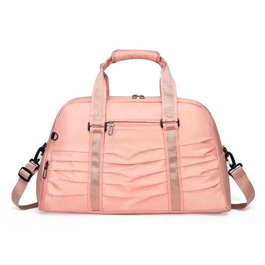 front of pink pleated dance bag sports bag