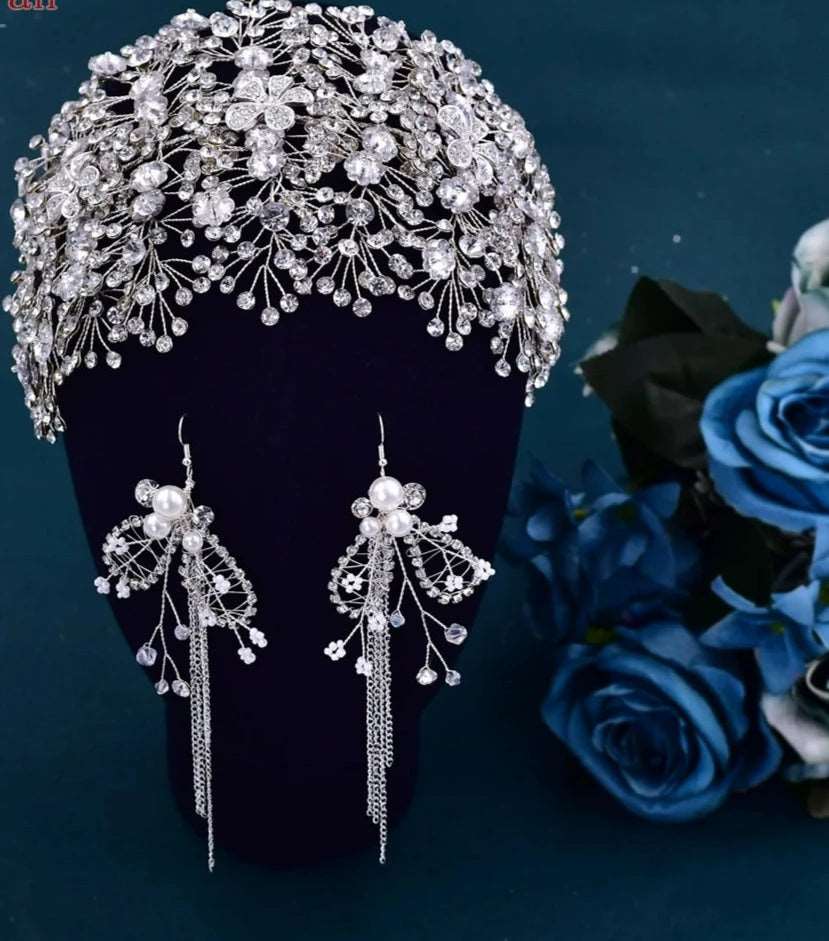 Braut- und Ballerina-Kopfschmuck aus Kristall mit Kristallblumen und passenden Ohrringen